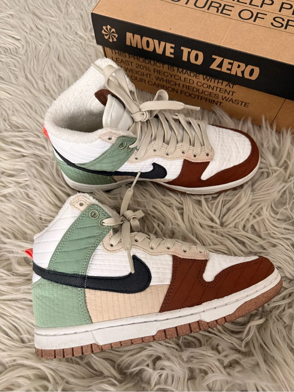 Nike High-Top Dunks in Green, Brown, Cream with Black Swoosh